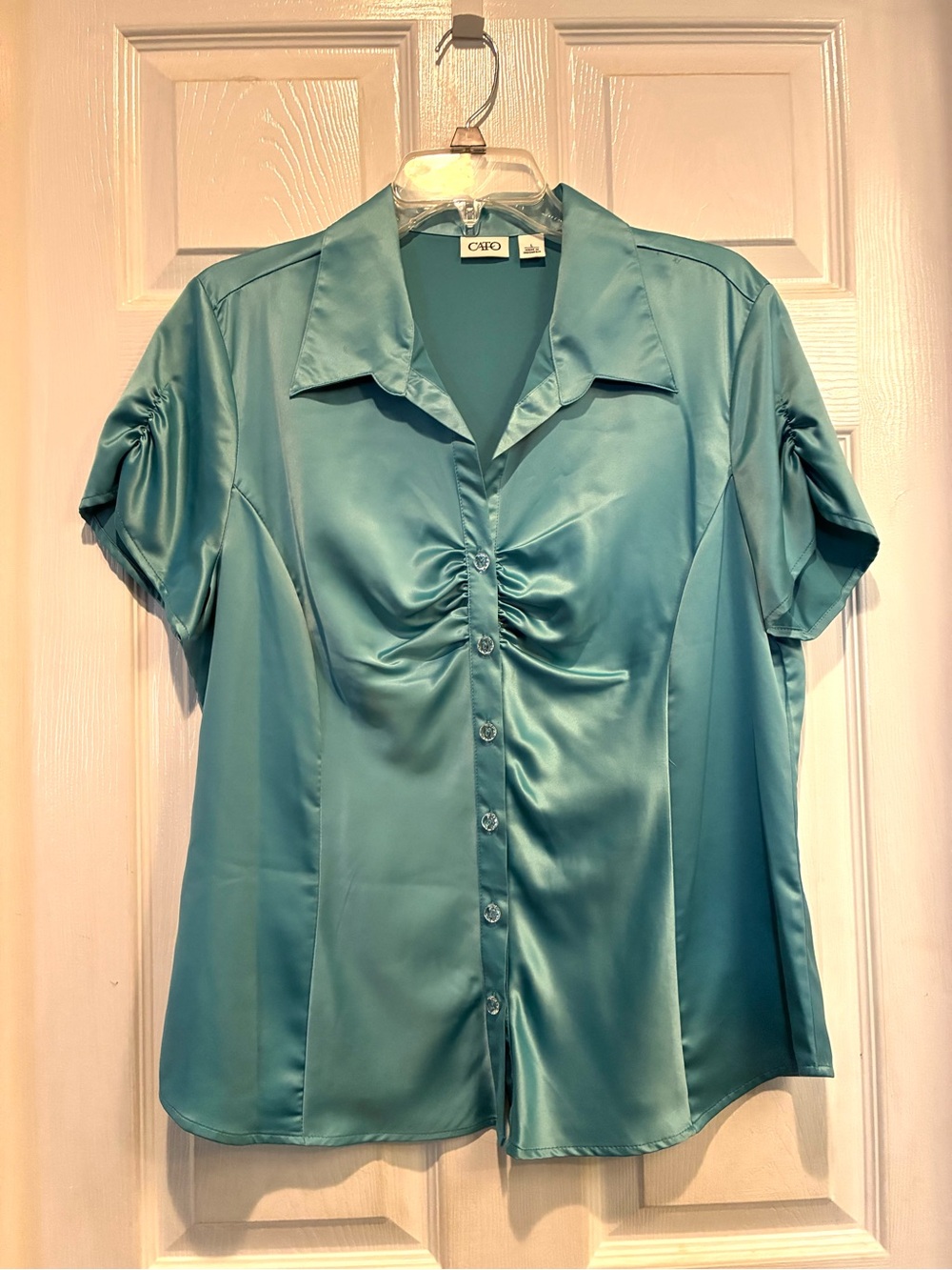 Cato Teal Satin Button-Front Short Sleeve Blouse with Ruched Bust
